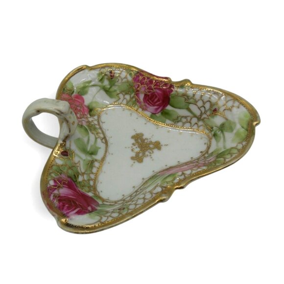 NIPPON Heart Shaped Dish Porcelain Trinket with Rose & Gold Moriage, Vintage - Picture 9 of 12